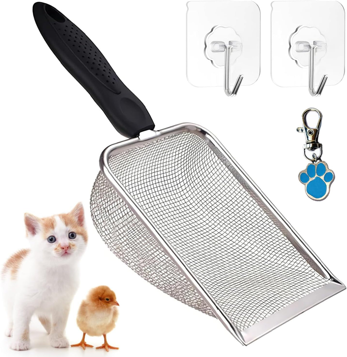 Cat Litter Scoop, Stainless Steel Cats Sturdy Mesh Scooper Kitty Metal Scooper Long Handle Scooper - 2mm fine meash cat litter scoop