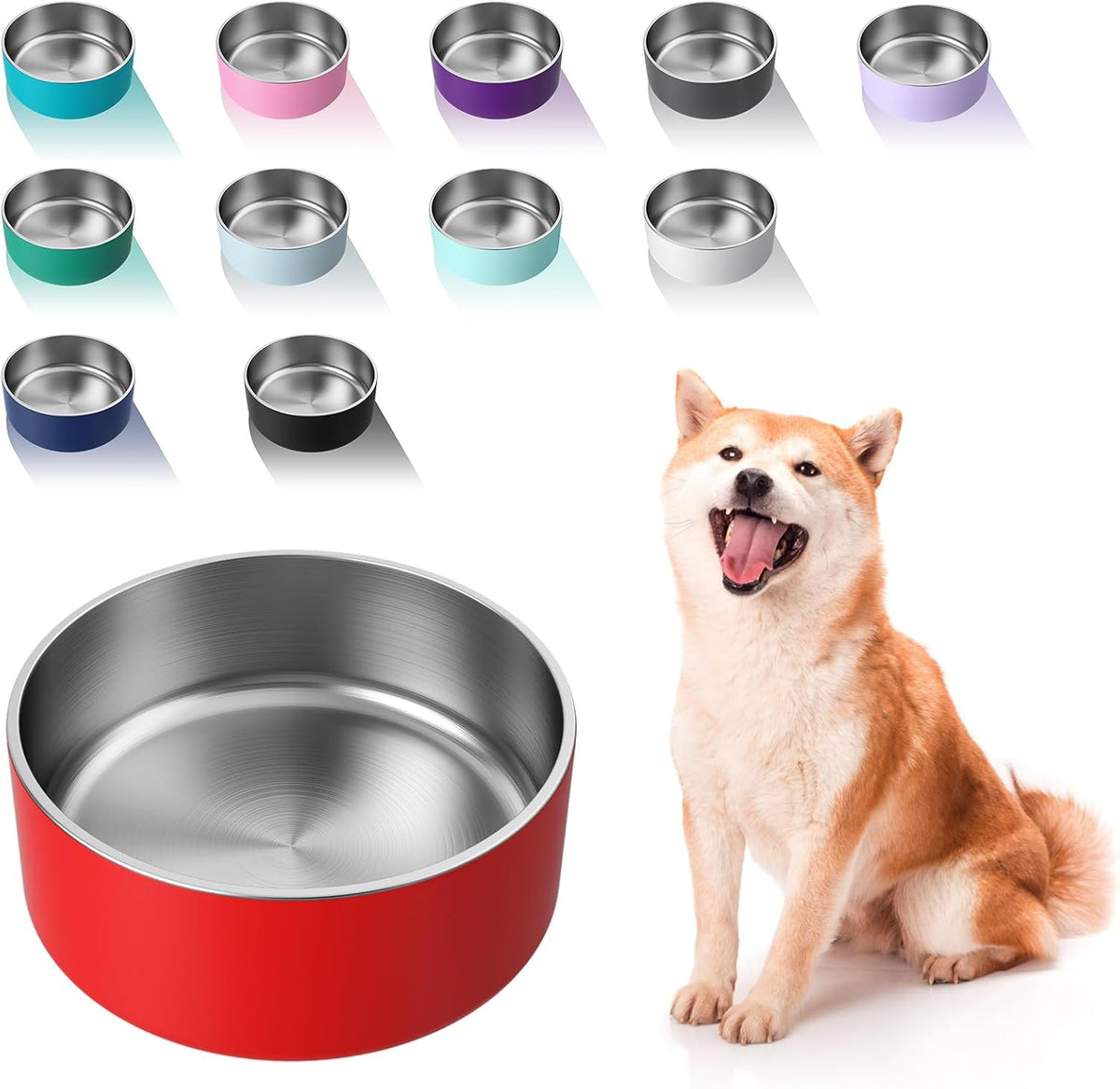 Dog Bowl, Stainless Steel Food and Water Bowl - 64 oz / Red