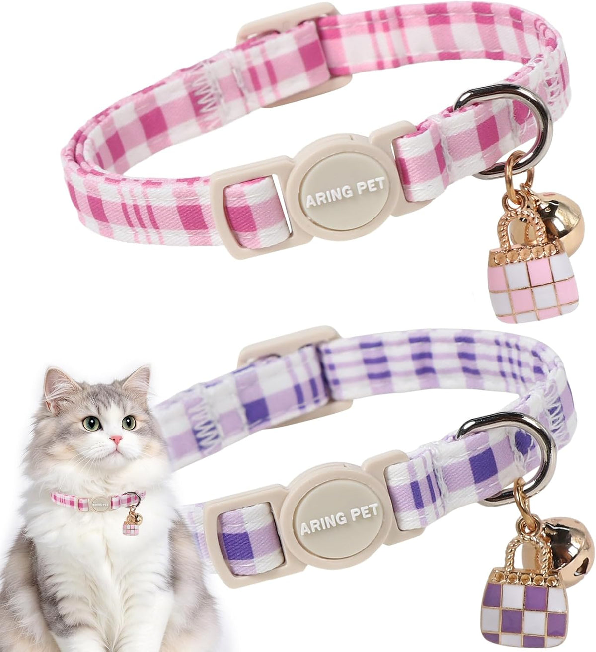 ARING PET 2 Pack Cat Collar-Cute Cotton Cat Collar Breakaway - Plaid Purple & Pink