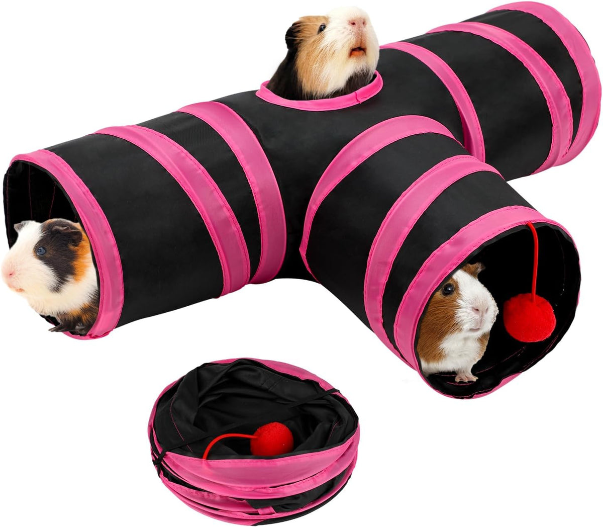 Guinea Pig Tunnel Hideout 3-Way Collapsible Small Pet Tubes - Red Black
