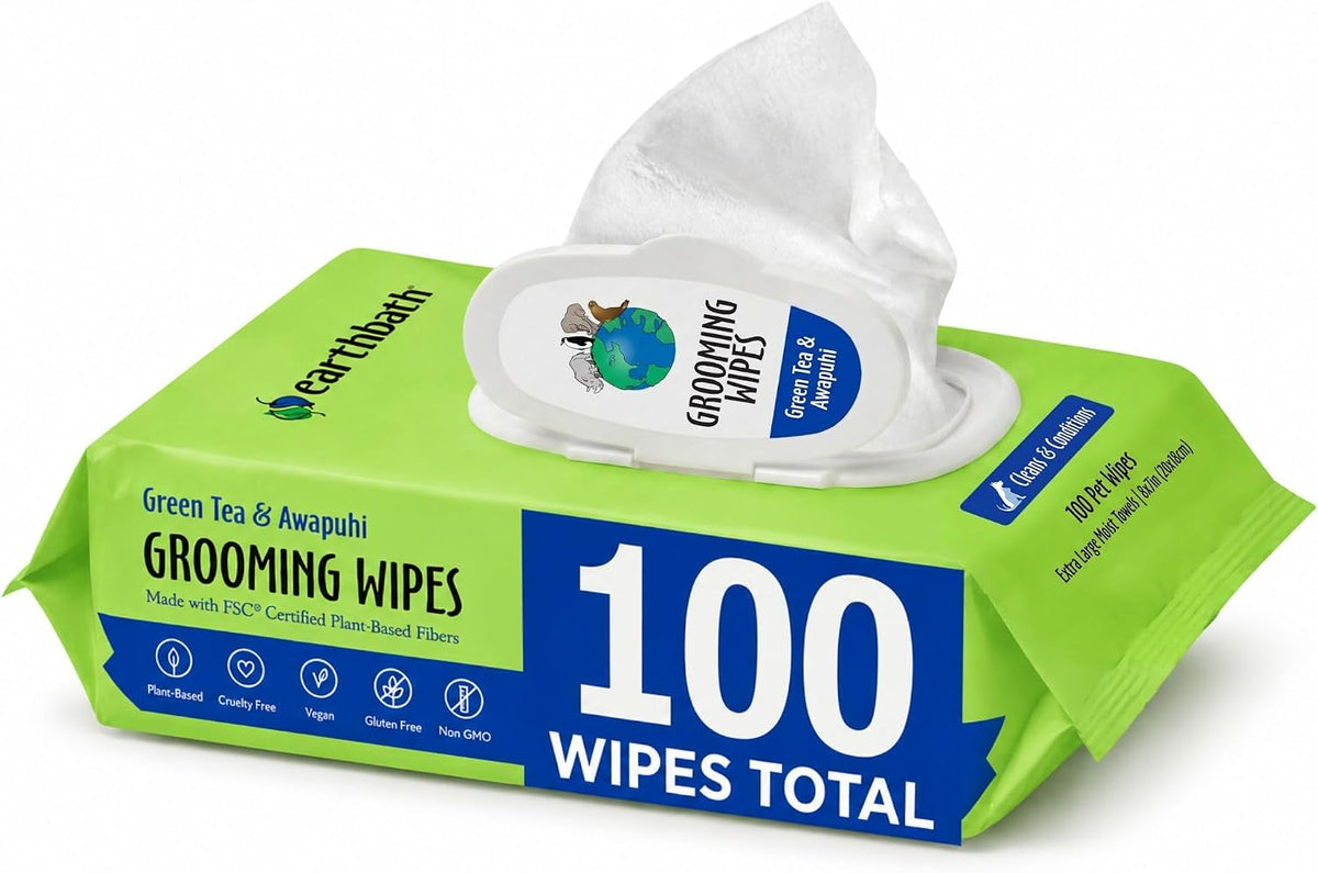 earthbath Oatmeal & Aloe Grooming Wipes - Green Tea & Awapuhi / 100 Count (Pack of 1)