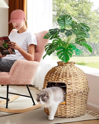 Cat Litter Box Plant Furniture Enclosure, Hidden Handwoven Rattan with Cat Litter Box and Artificial Plants, Odor Control Filter, Real Stones in Living Room, Bedroom, Corner Natural