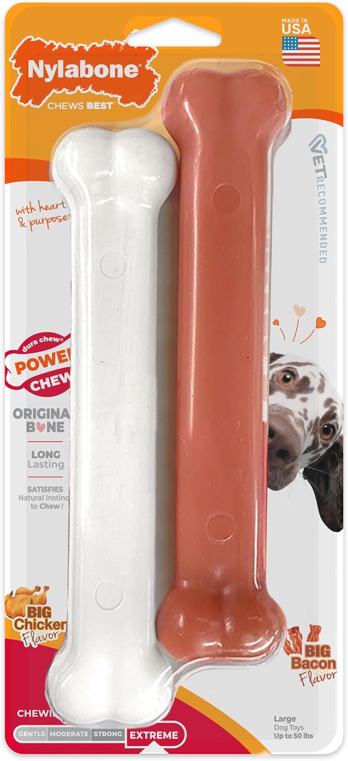 Nylabone Power Chew Original Bone Dog Chew Toys - Bacon & Chicken / Large
