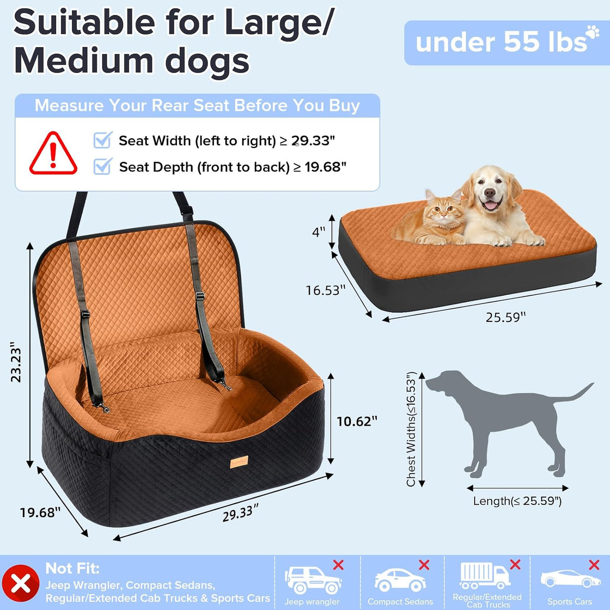 BLVRYVIO Large Dog Car Seat for Medium Sized Dogs Under 55lbs or 2 - Burnt Orange / Large - image 2