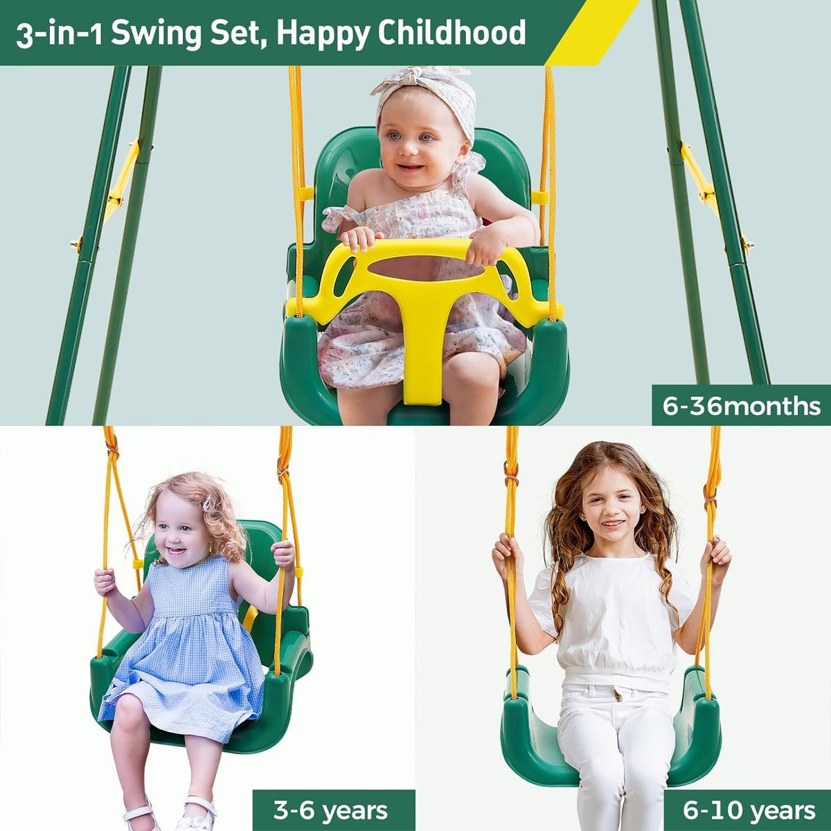 FUNLIO Toddler Swing with Foldable Metal Stand for Toddlers Aged 1~10 - Green - image 3