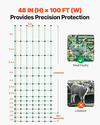 VEVOR Electric Fence Netting, 48" H x 100' L, PE Net Fencing Kit with Posts & Double-Spiked Stakes, Utility Portable Mesh for Chickens, Ducks, Geese, Rabbits, Used in Backyards, Farms, and Ranches