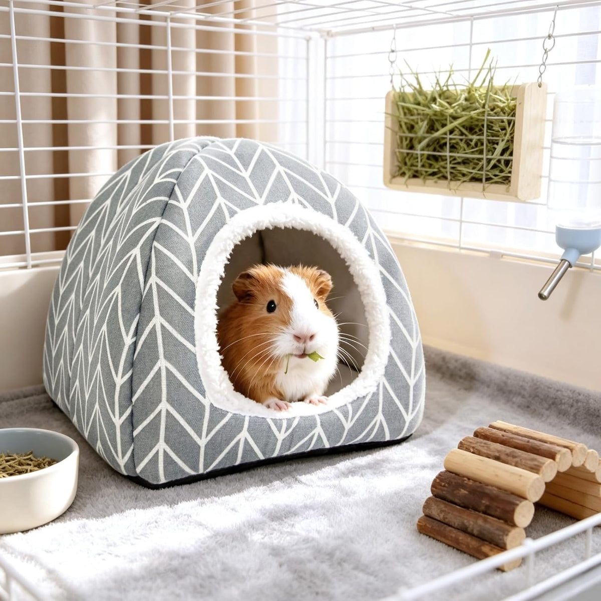 Guinea Pig Hideout Bed, Dwarf Rabbit House Cave – Daily Care for Small Pets - Grey+Green - image 2