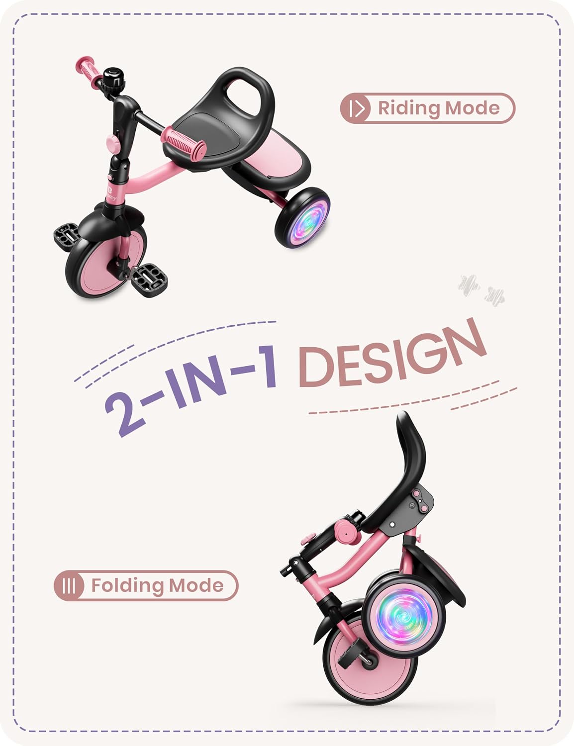 besrey Toddler Tricycle with Bell - Pink Flash Wheel - image 4