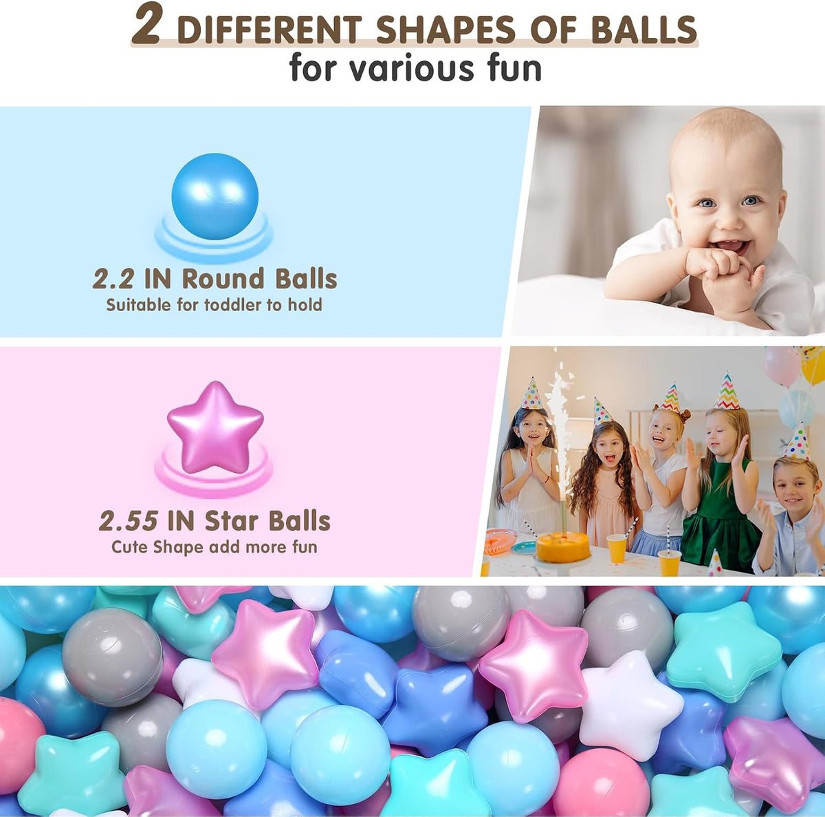 Realhaha Ball Pit Balls Star Shapes Plasticballs for Ballpit Playpen – Fun for Kids & Family - Pearl Pink Green Blue White / 100 - image 3