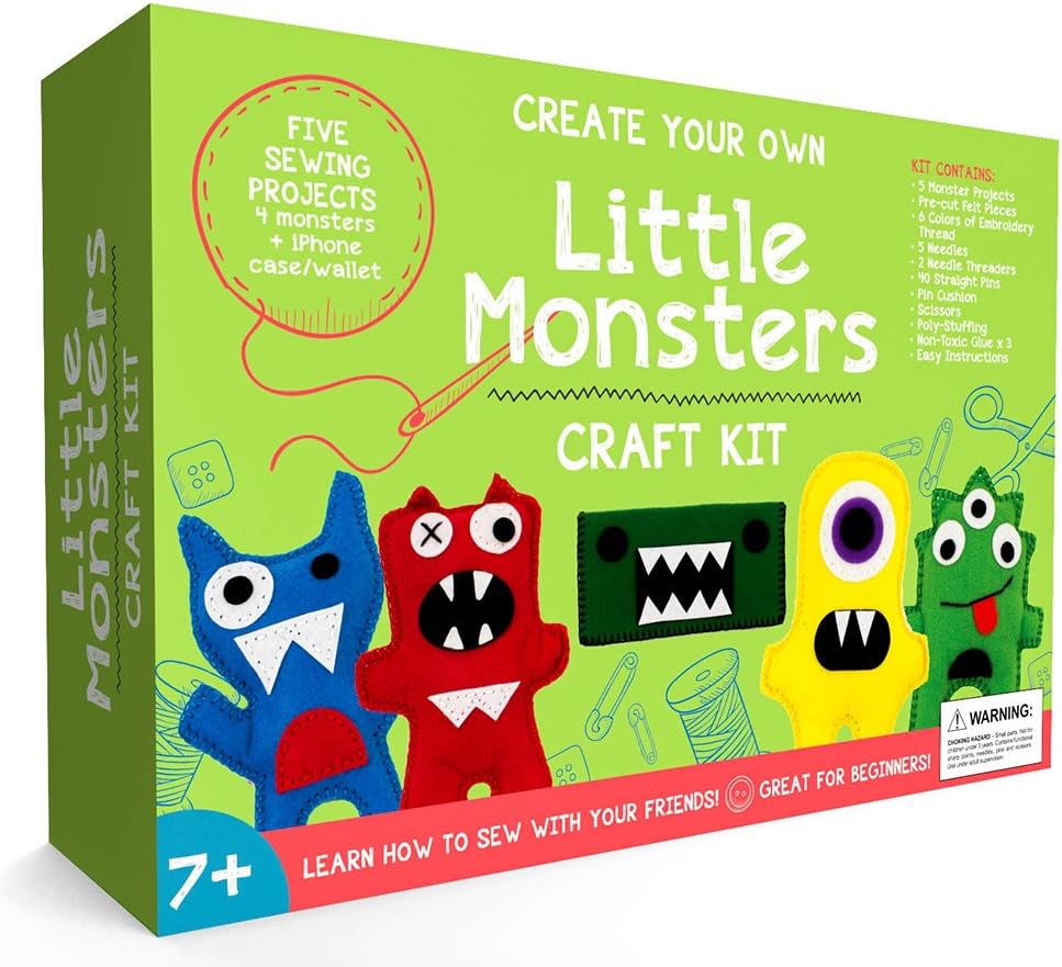 Little Monsters beginners sewing kit with felt monster shapes, embroidery floss and supplies
