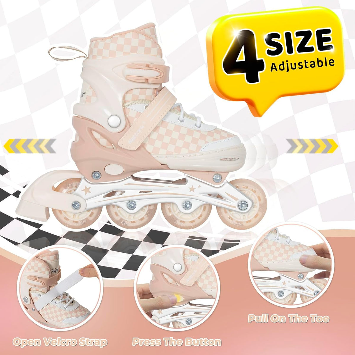 Nattork adjustable inline skates for kids with light-up wheels and checkerboard upper - view 16