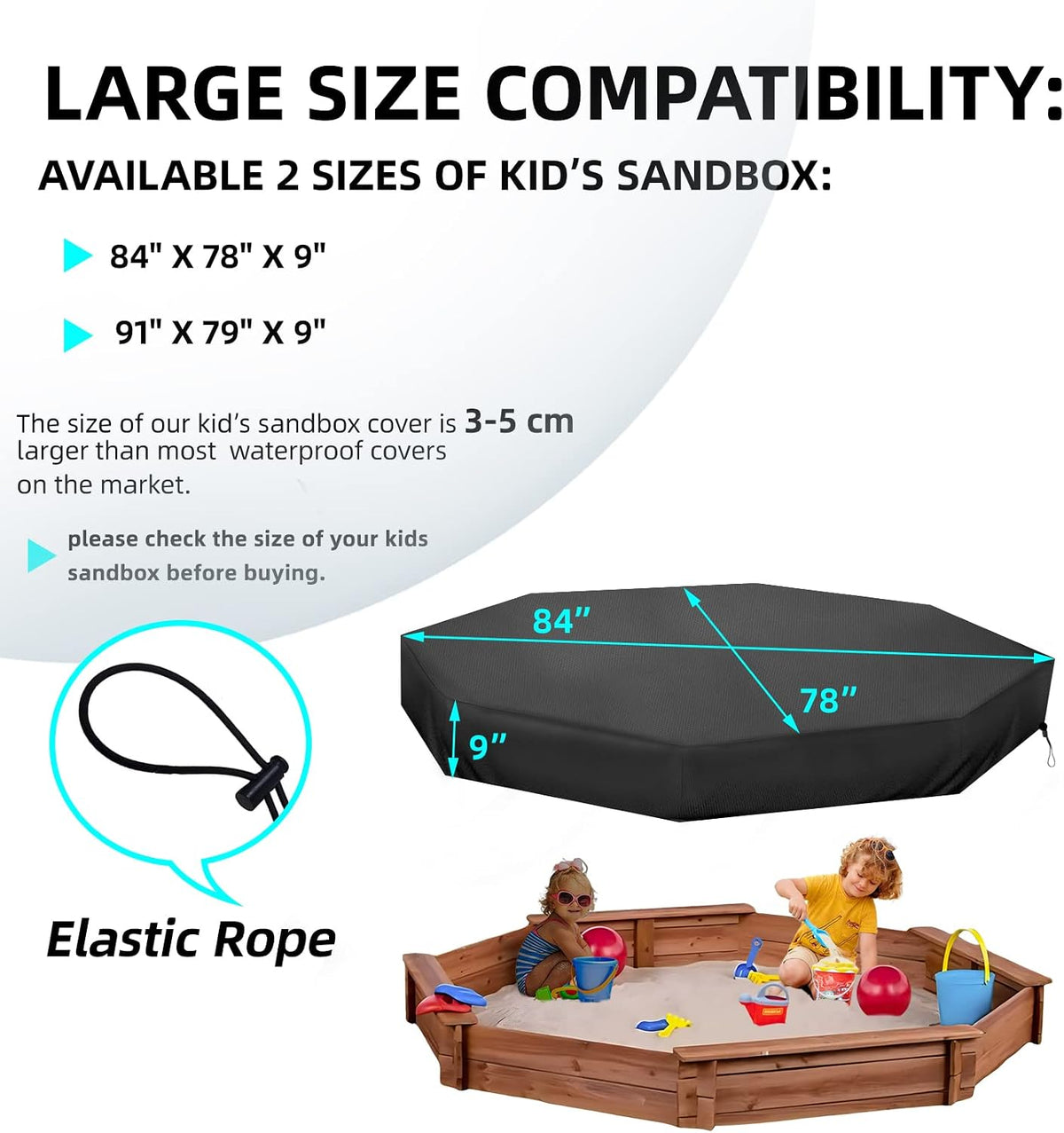 MRWiZMS black octagon sandbox cover in waterproof 420D Oxford fabric with drawstring - view 3