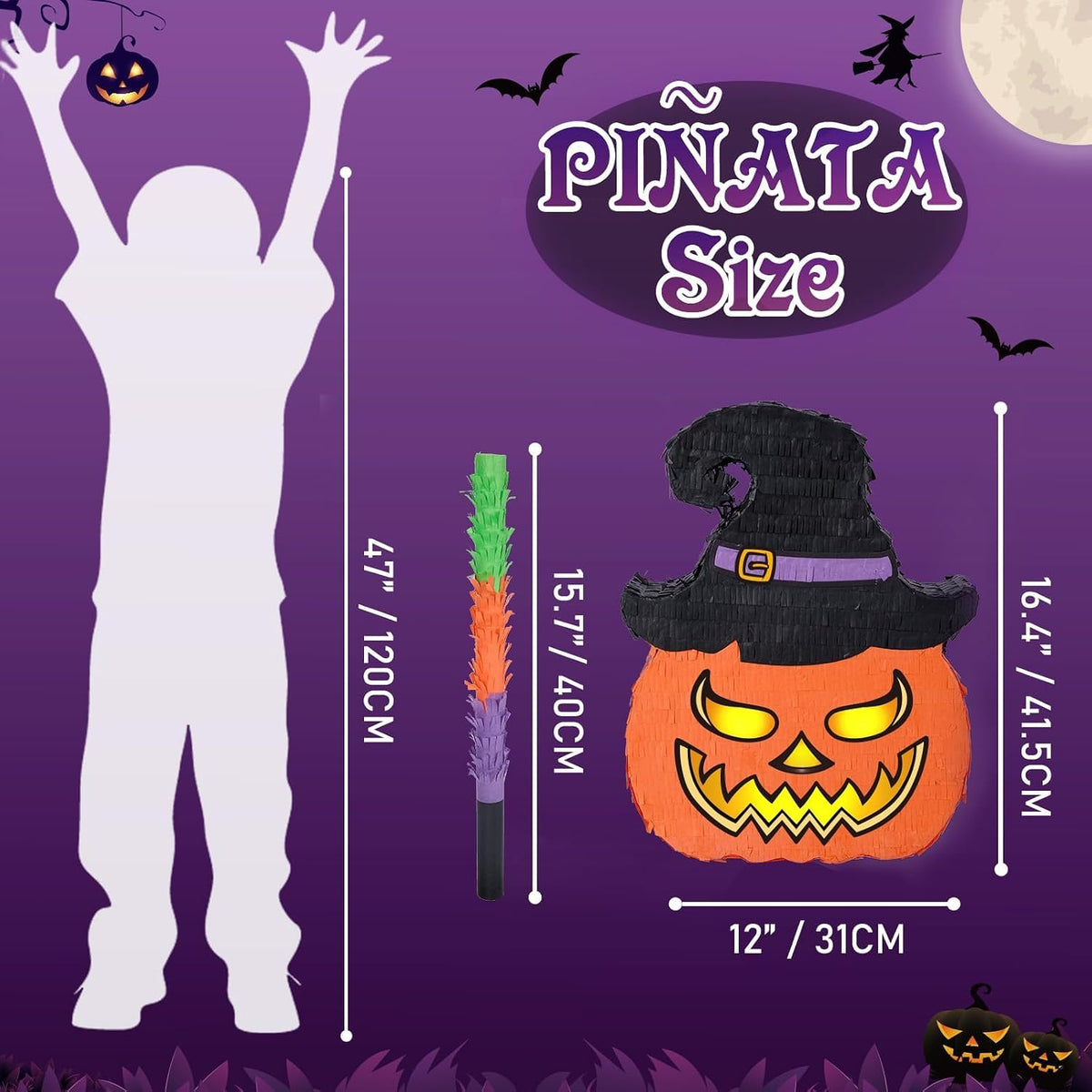 WERNNSAI Halloween skull pumpkin piñata in orange and black with spooky face - view 10