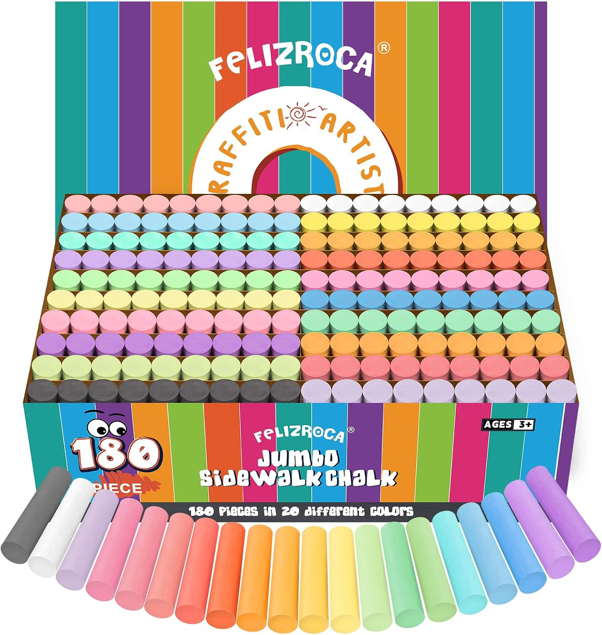 180PCS Sidewalk Chalks Set in 20 Colors, Non-Toxic - 180