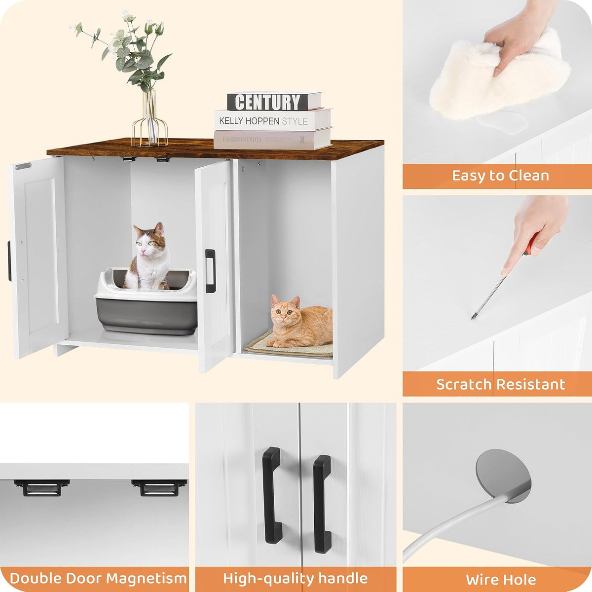 Cat Litter Box Enclosure, with Scratching Mat - White+Rustic Brown / 27.6"L x 18.2"W x 19.6"H - image 4