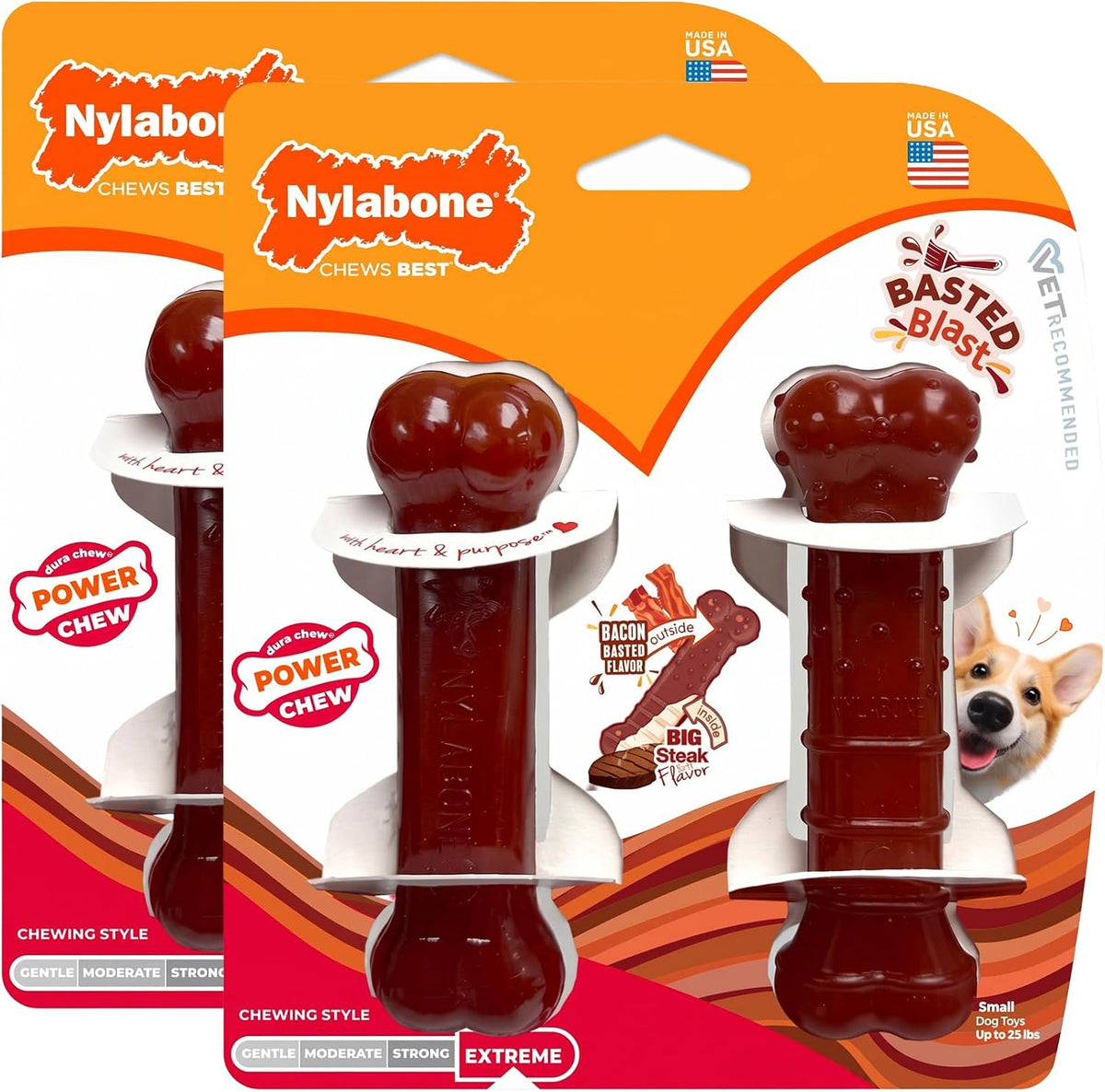 Nylabone Power Chew Basted Blast Dog Chew Toy - Bacon & Steak / Small (Pack of 2)