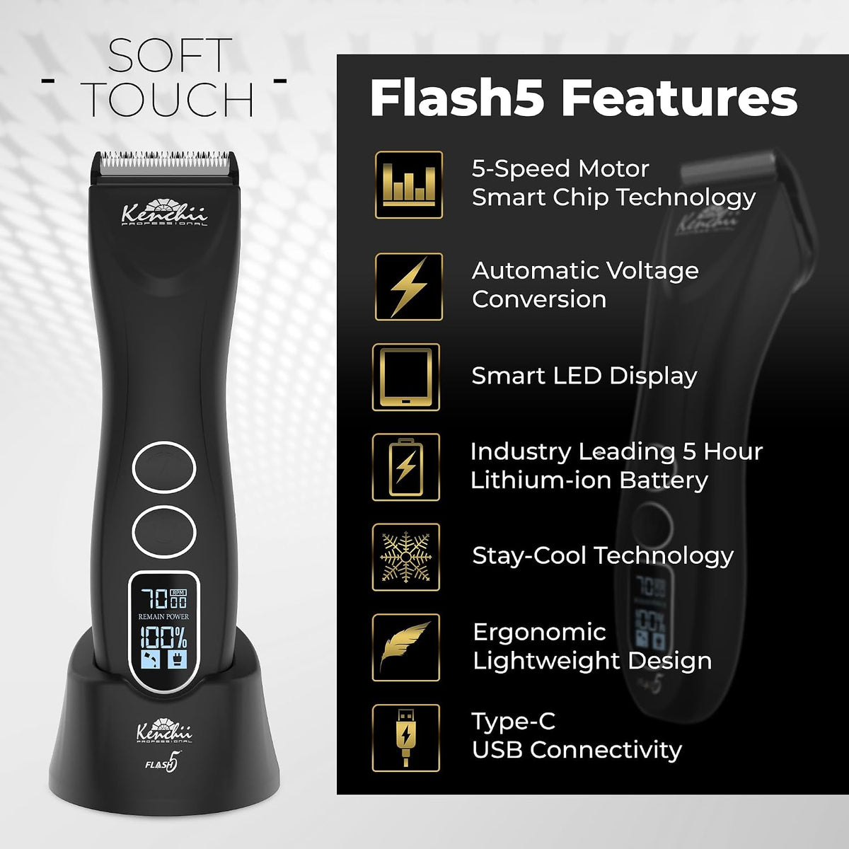 Kenchii Flash 5 Dog Grooming Clipper, Wolf Edition Black - Matte Black - image 2