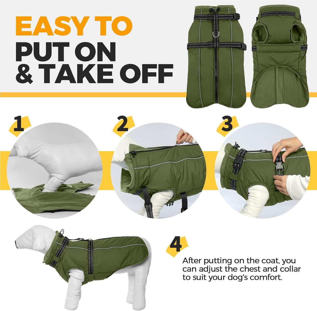 Dog Coat for Large Dogs Waterproof Dog Jacket with Harness Built in – Essentials for Dogs - XX-Large / Army Green - image 2