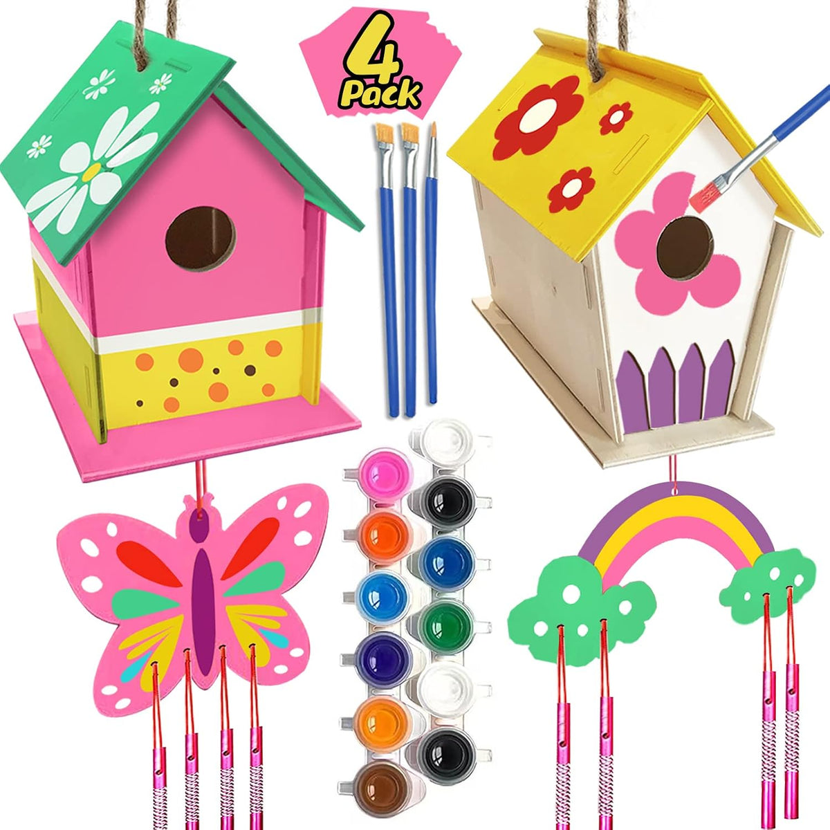 4 Pack DIY Bird House Wind Chime Kit for Crafts for Kids Ages 4-8 – Fun for Kids & Family