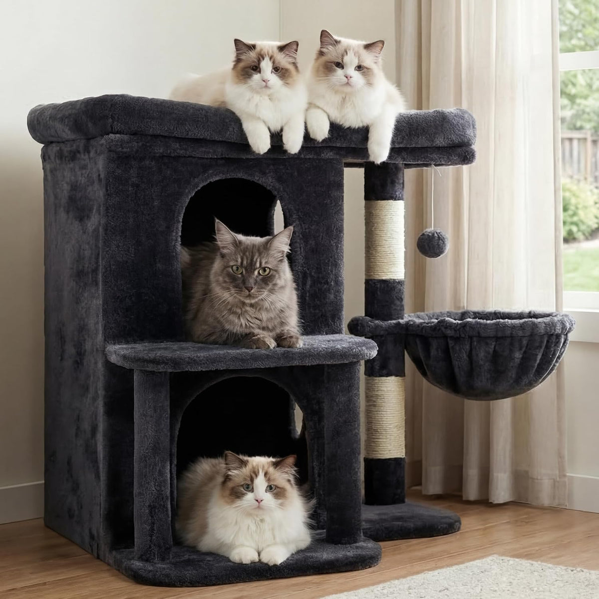 Heybly 26.3" Cat Tree for Large Cats with Big Perch & Dual Condos - Smoky Gray / 25.6 inch - image 2