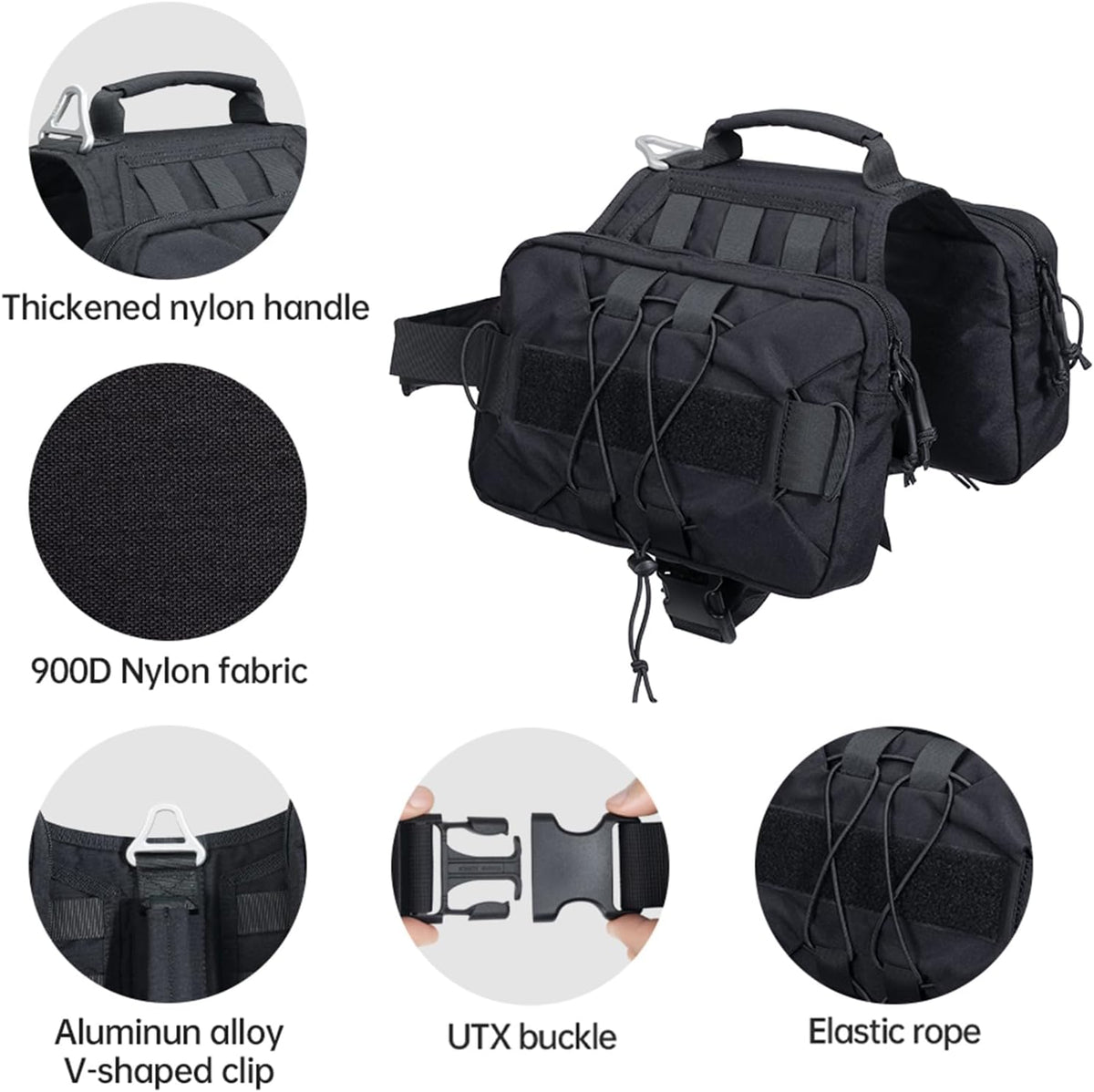 EXCELLENT ELITE SPANKER Nylon Dog Backpack with 2 Side Pockets - Black / M-Chest 25.6-30" - image 2