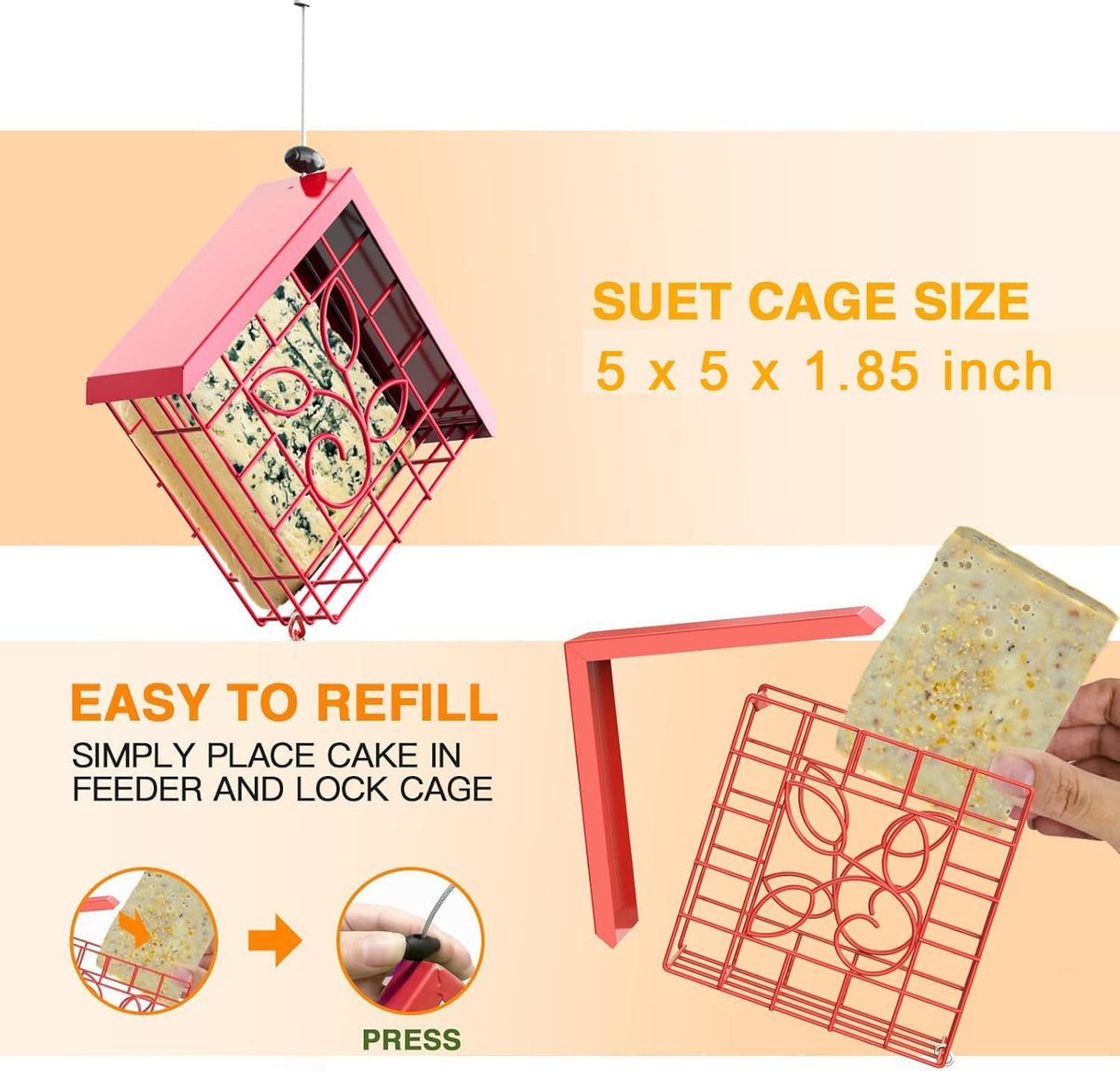 FlowaFoli red metal suet bird feeder with roof and hanging wire - view 4