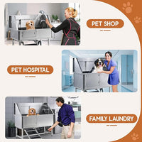 Albott 60 Inch Stainless Steel Dog Washing Station with Anti-Slip Steps, Sprayer, Faucet, Soap Box, Tow Rope – Professional Pet Bathtub for Large Pets, Ideal for Home, Garage, and Grooming(Left)