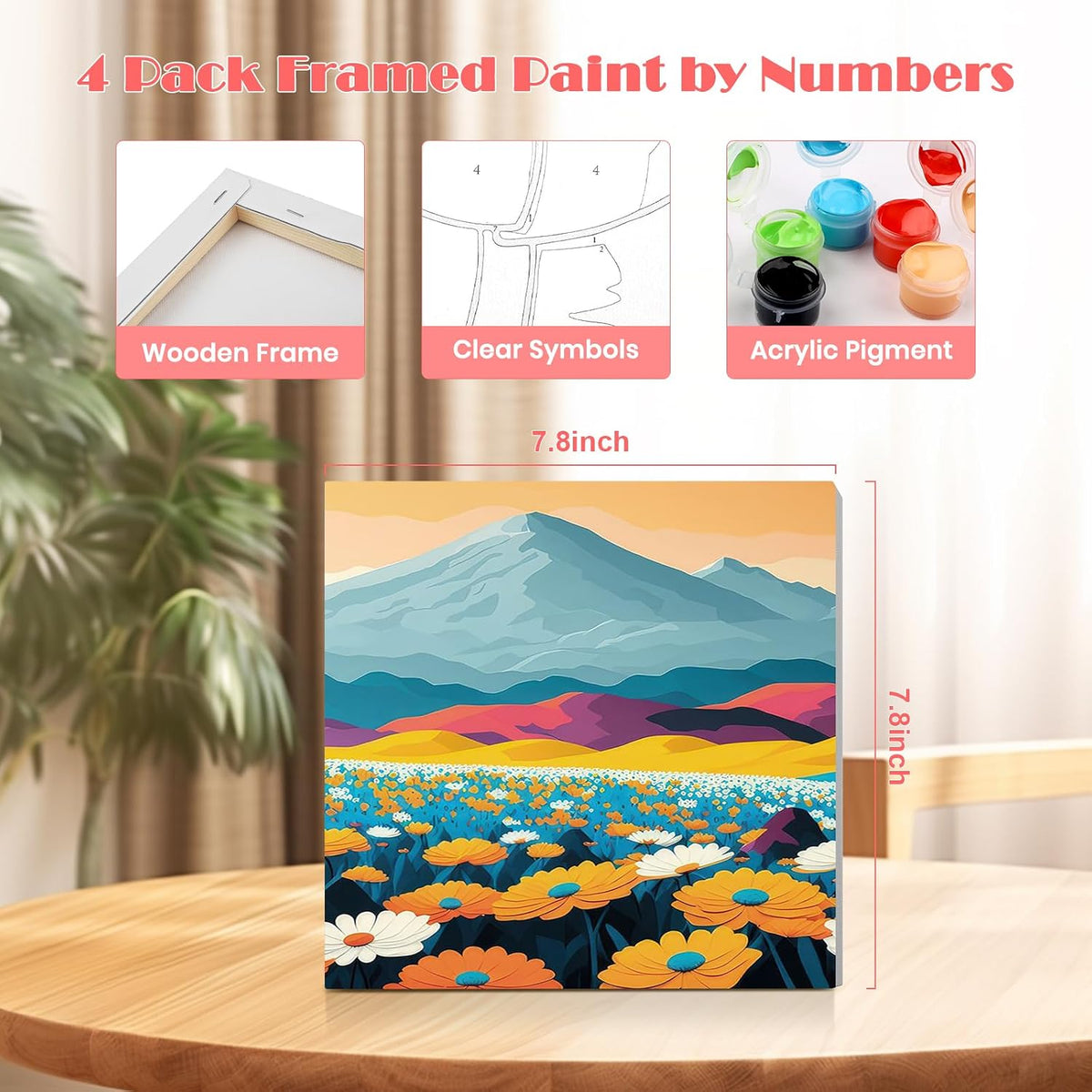 MISCER paint by numbers 4-pack with framed 8x8 inch landscape canvases, acrylic paints and brushes - view 31