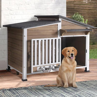 Chew-Resistant Dog House with Metal Frame, Wooden Kennel for Indoor & Outdoor Use, Waterproof Roof & Feeding Bowls Included (Brown, L)