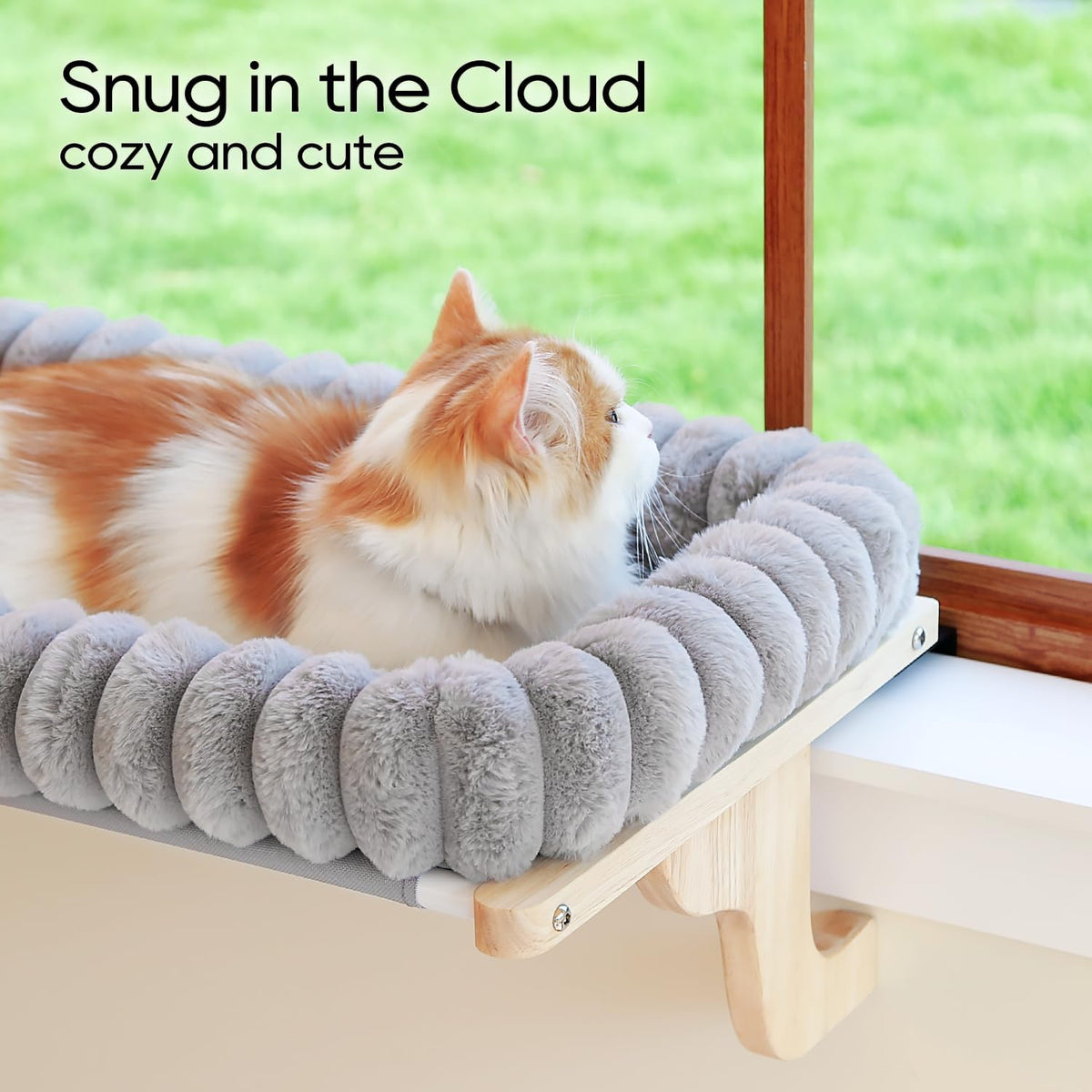 Zakkart SnugCloud Cat Perch for Windowsill – Essentials for Cats - Natural Color Wood w/ Gray Bed / Medium (22"x15") - image 2