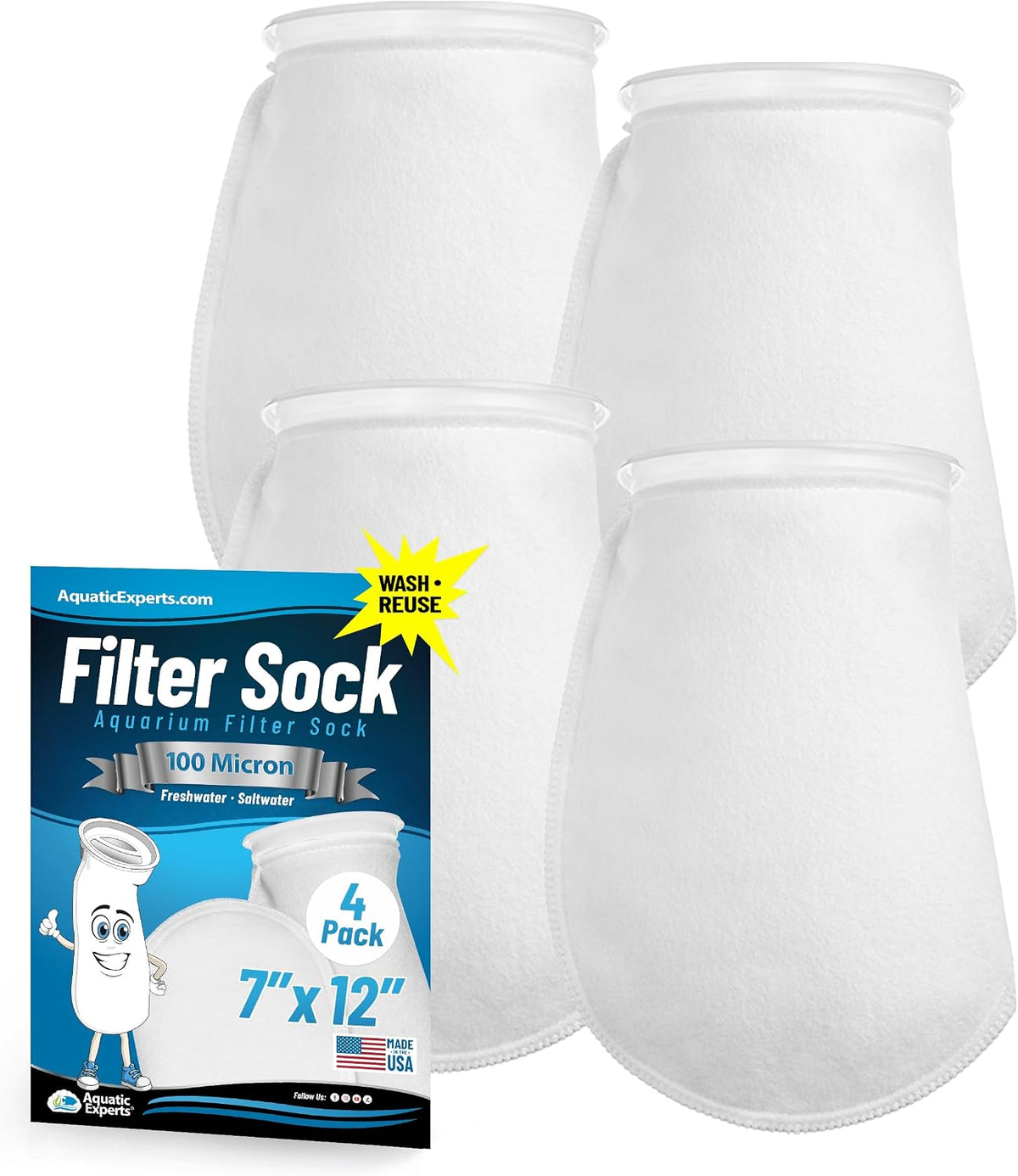 Aquatic Experts Felt Filter Socks - 100 Micron – 7" Ring – 7" x 12" / 4 Pack