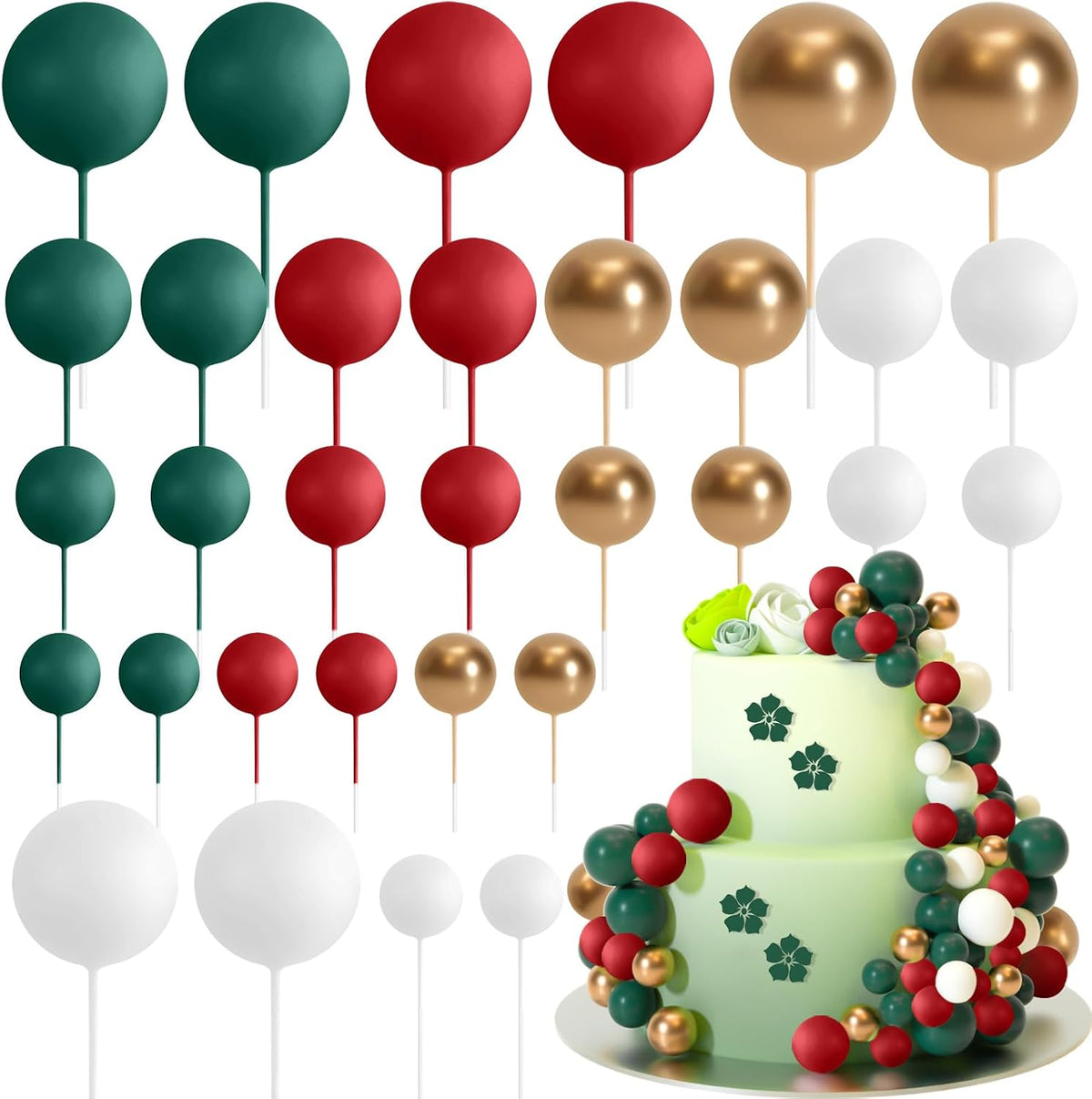 ASTARON 32 Pcs Foam Balls Cake Topper Decorations for Party Cake - Red，green，gold