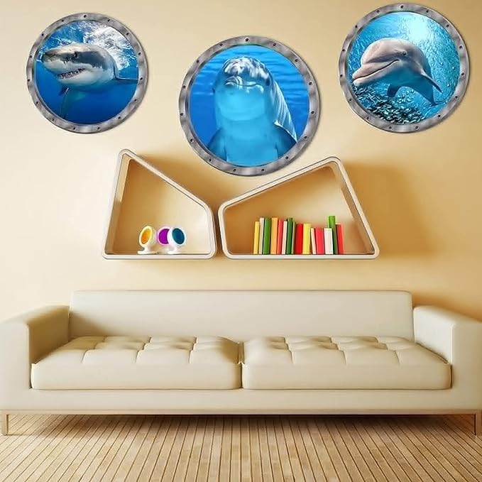 9PCS Ocean Animals World Under Sea Decor Sea Turtles Dolphins Fishes Sharks Coral Removable 3D Peel and Stick Vinyl Stickers