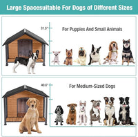 Outdoor Dog House,Weatherproof Wooden Dog Shelter for Medium to Large Sized Dogs,Iron Frame Indoor Outdoor Doghouse,Puppy Kennel,Pets Warm House in Winter with Large Porch