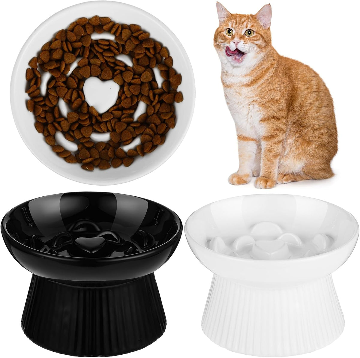 Tioncy 2 Pcs Ceramic Elevated Slow Feeder Cat Bowl - Black, White / 2