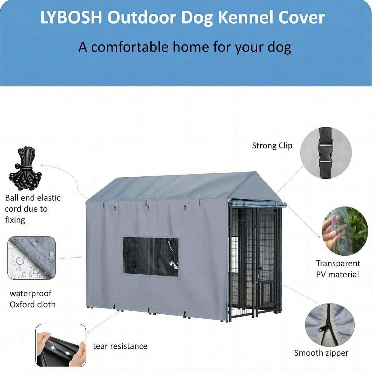 Outdoor Dog Kennel Cover, 8.1'Dx4.1'Wx6H, Full Coverage Black – Essentials for Dogs - Gray / 8.1'D x 4.1'W x 6'H - image 3