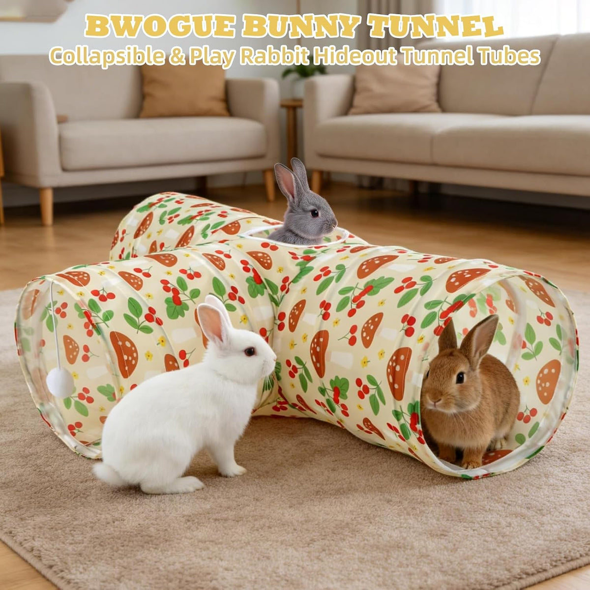 Bunny Tunnels & Tubes, 3-Way Collapsible Rabbit Hideout for Bunnies – Essentials for Small Pets - Cherry - image 2
