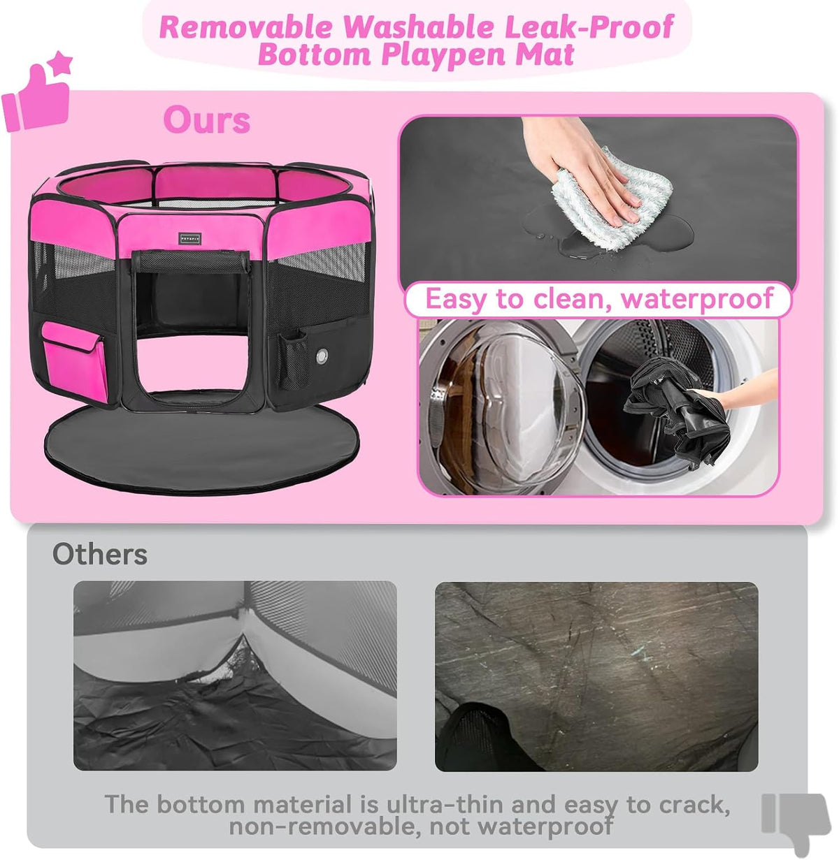 PETSFIT Portable Dog Playpen 36", Removable Waterproof Mat - Pink / Small (29.5"x29.5"x16.5") - image 2