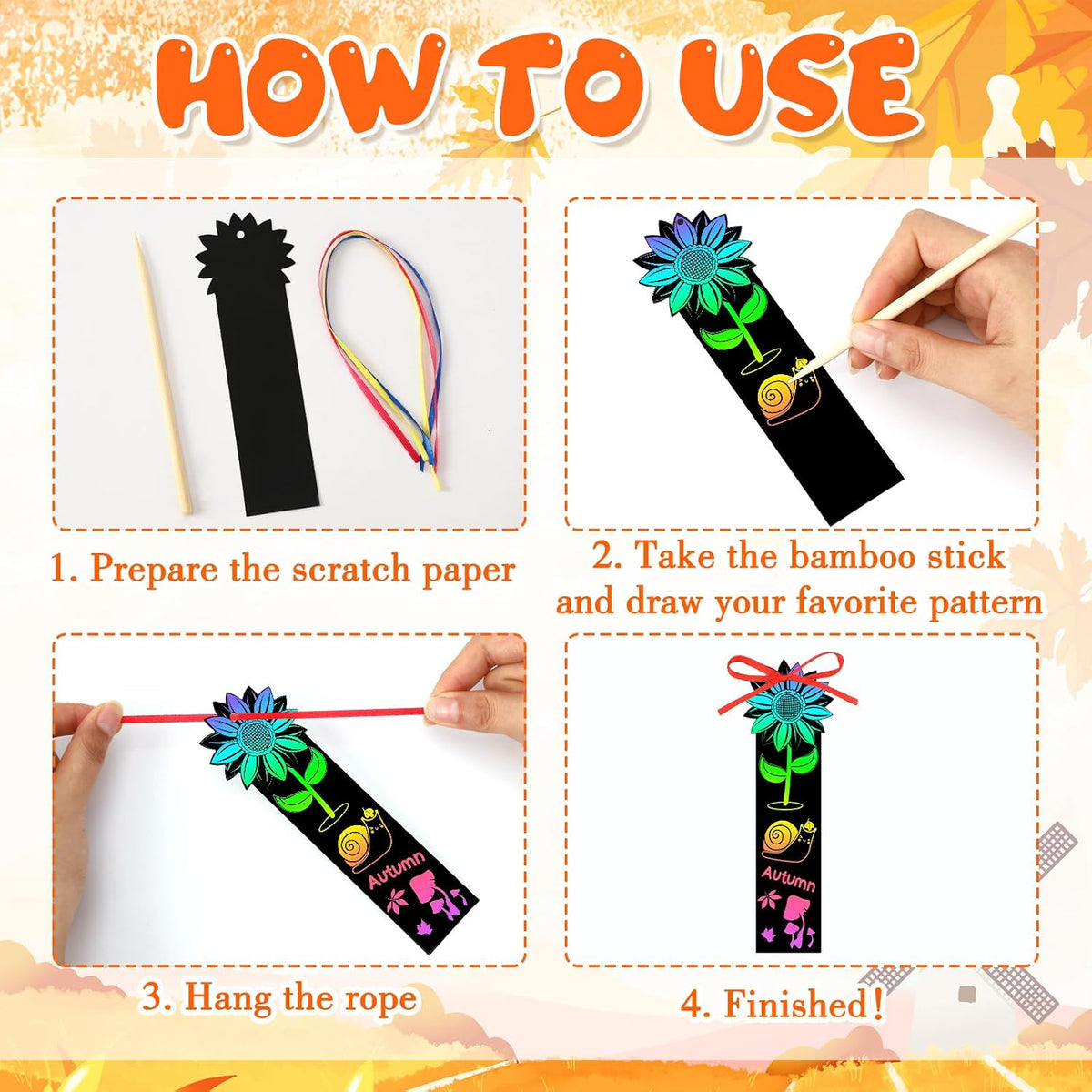 AUGSUN fall rainbow scratch art bookmarks with pumpkin and leaf designs - view 22