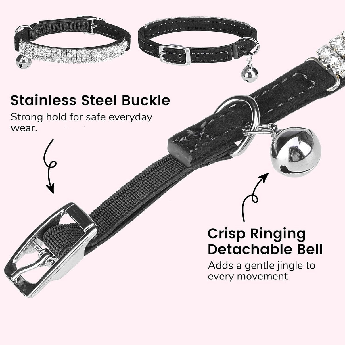 BINGPET Diamond Cat Collar with Bell, Adjustable Kitten Collar - Black(Rhinestones) / Neck Girth 8"-10" - image 4