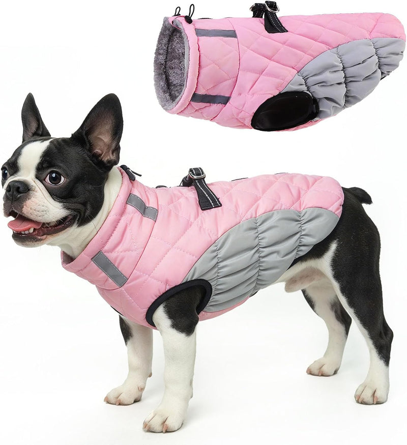 BEAUTYZOO Dog Winter Coat with Harness Built in - Light Pink / Large