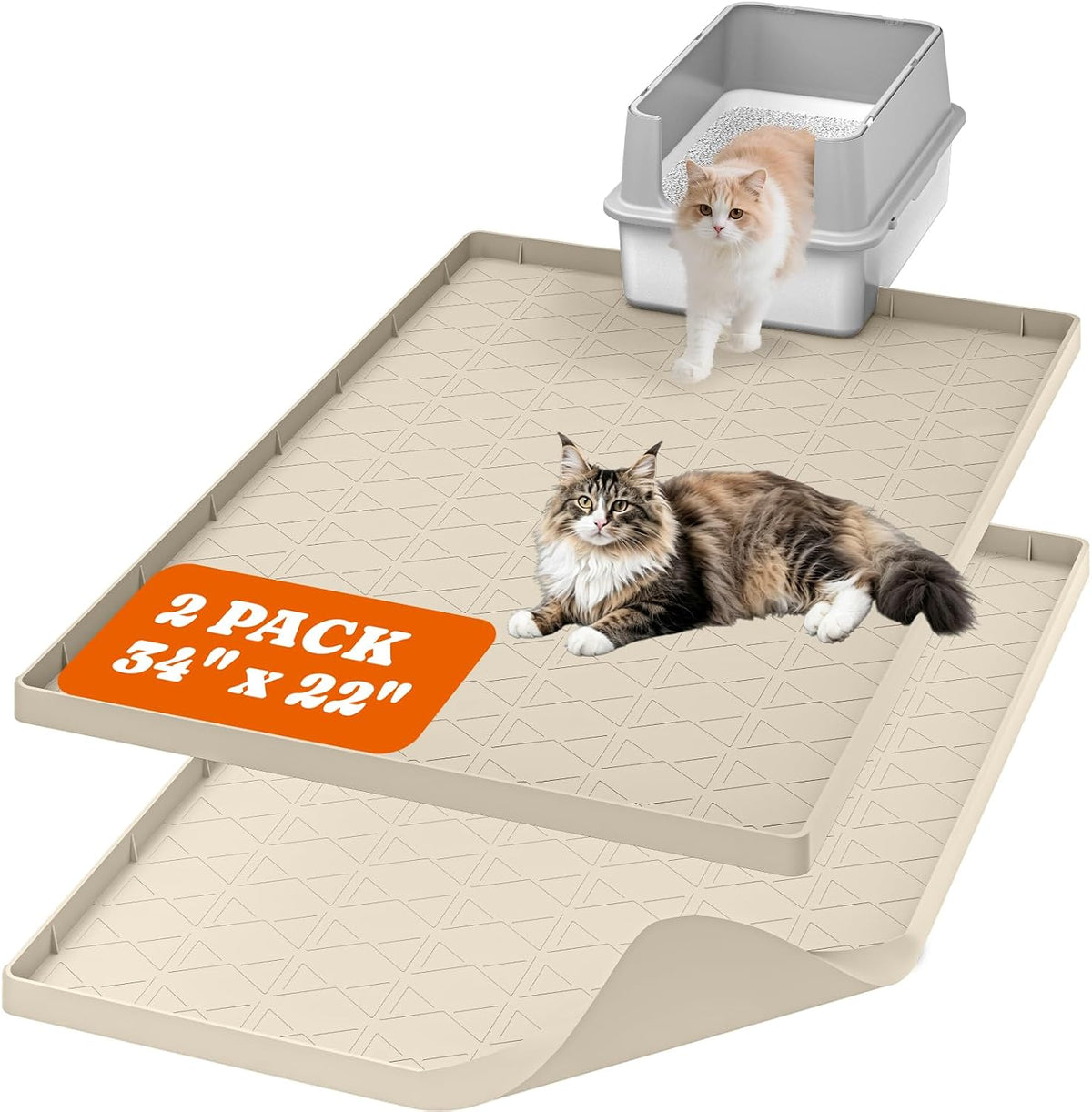 2 Pack Silicone Cat Litter Mat 34 x 22 in, Easy to Clean - Beige / 2 Pack