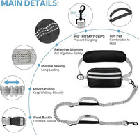 Hands Free Dog Leash, Adjustable Waist Belt with Double Padded Handles, Retractable Bungee for Medium & Large Dogs, Waist Leash for Dog Walking, Running, No Pull, Grey