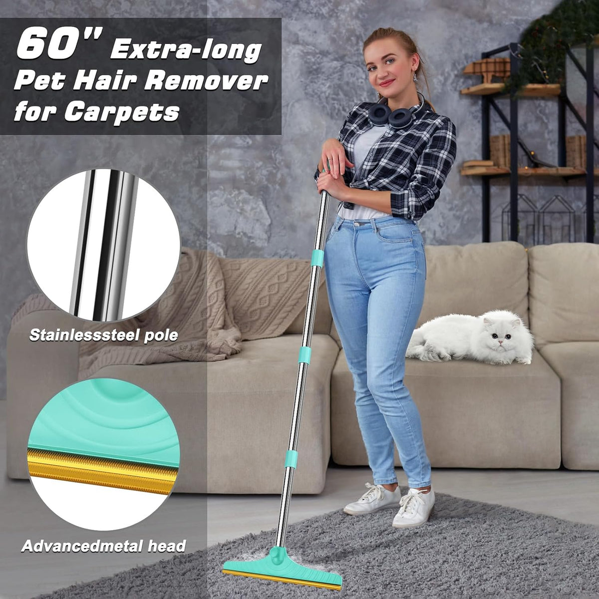 Carpet Rake for Pet Hair Removal, Reusable Carpet Scraper Broom – Essentials for Dogs - Blue - image 3