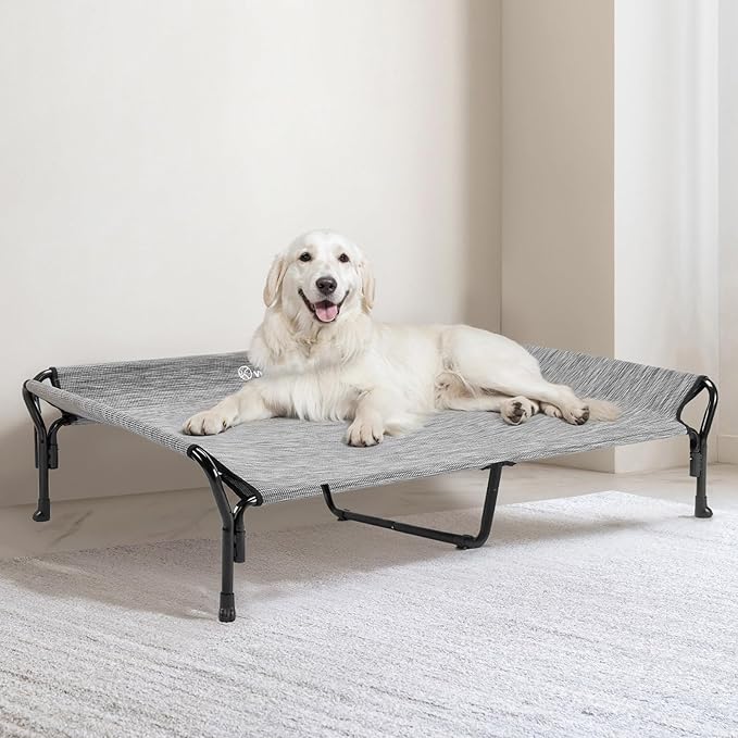 Veehoo Cooling Elevated Dog Bed, XL Raised Pet Cot with Guardrail & Slope Headrest, Durable Breathable Teslin Mesh, Non-Slip Feet, Washable Dog Couch Bed for Indoor & Outdoor, X Large, Black Silver