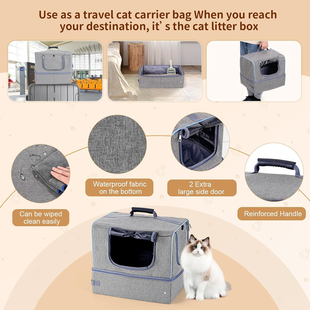 Cat Enclosed Travel Litter Box Kit with Lid Odorless Dustless - Large / L-Grey - image 3