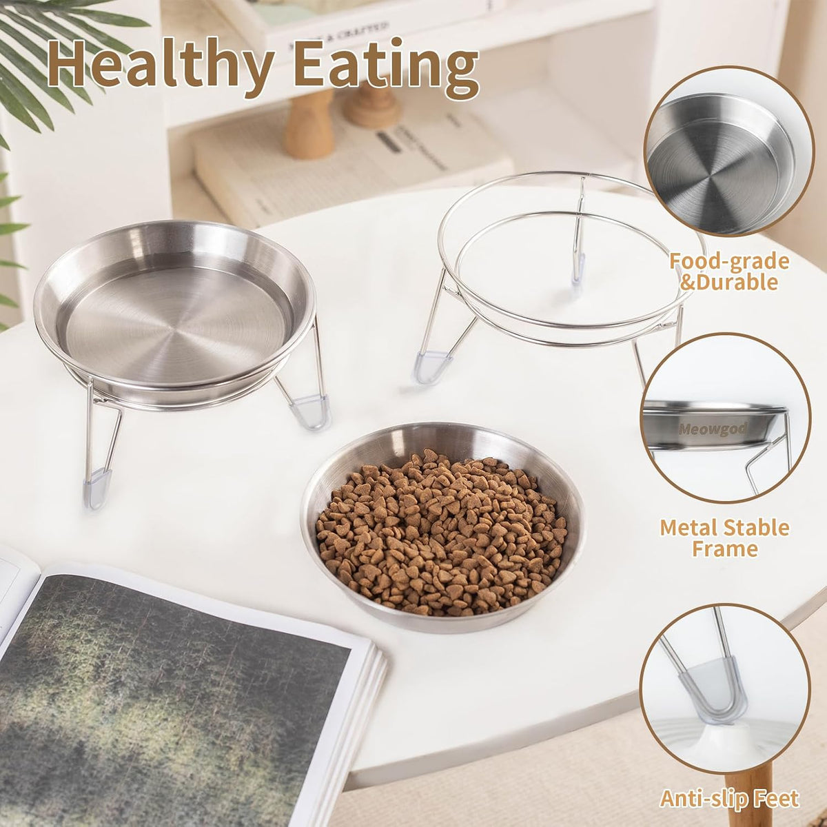 Elevated Cat Bowls,6.7" Extra Wide Raised Stainless Steel Cat Food Bowls with Anti-Slip Metal Stand - 1 bowl with stand - image 4