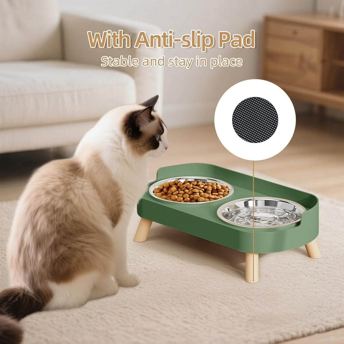 Elevated Cat Bowl, Raised Cat Food and Water Bowl Set for Indoor Cats, Splash Proof with 2 - Cat Bowls-Green - image 4