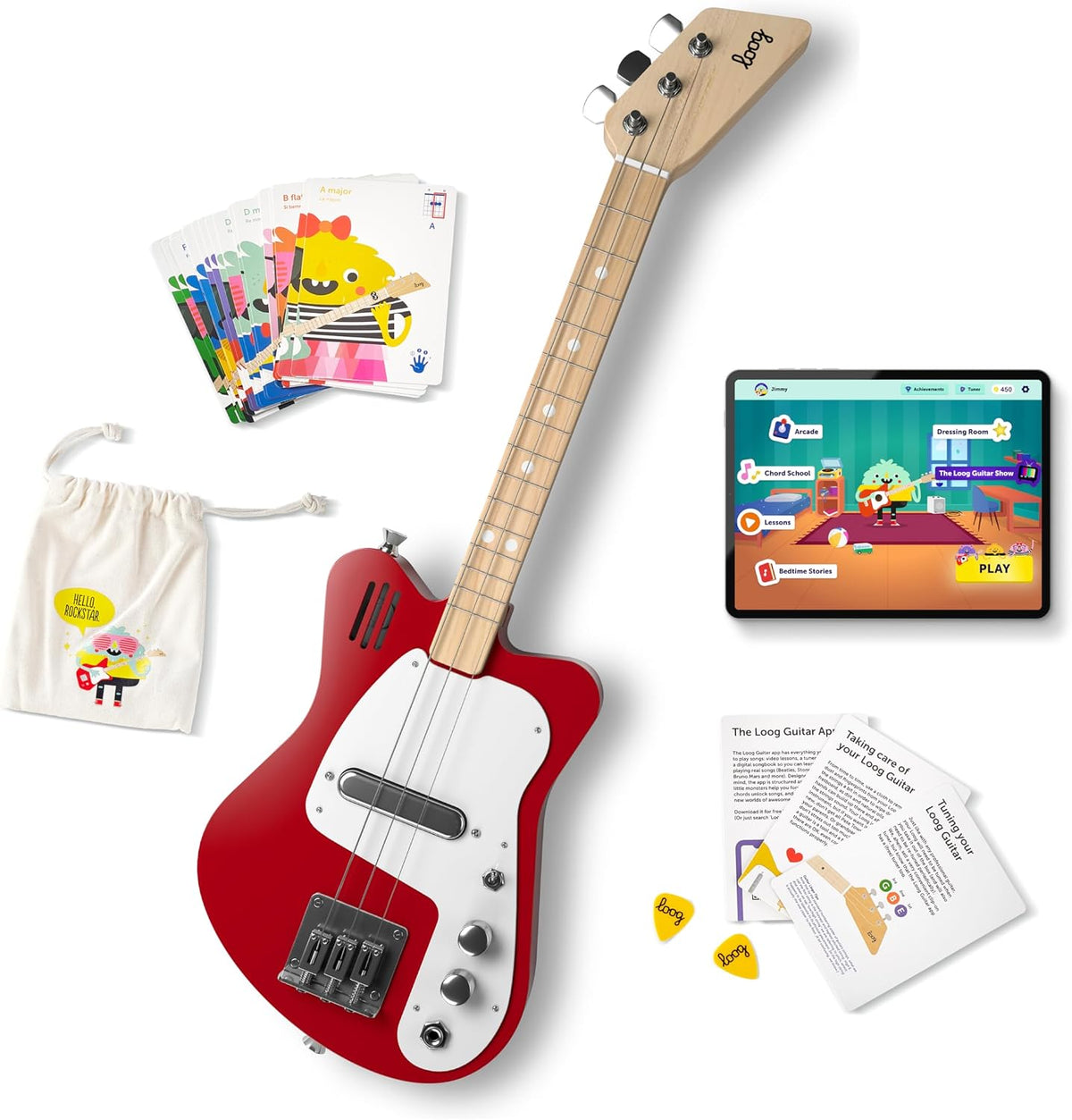 Loog Mini red 3-string electric guitar for kids with built-in amp
