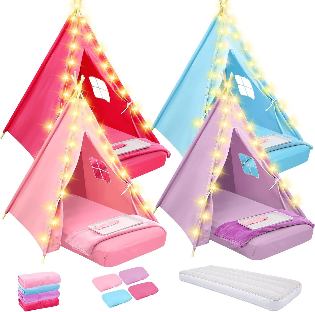 Windyun 4 pack kids sleepover teepee tents with air mattresses, blankets and star lights - view 2
